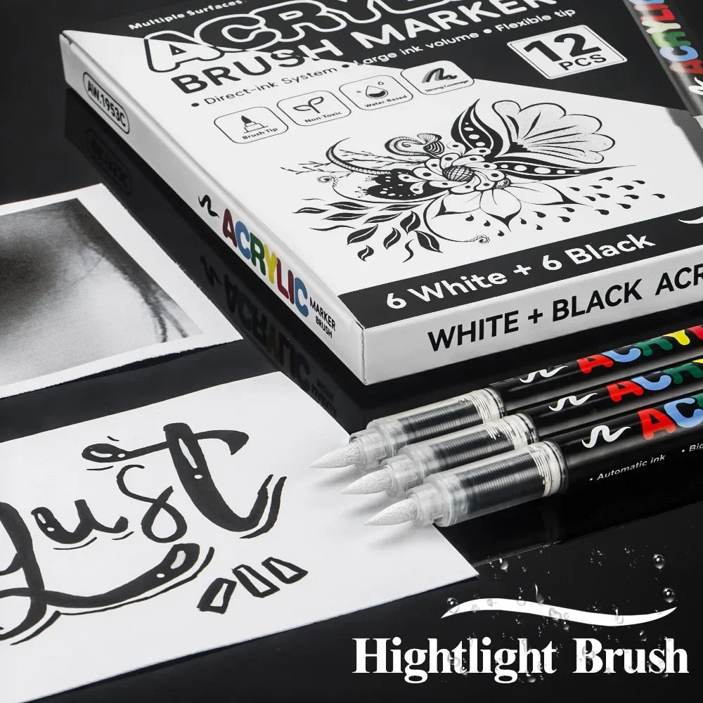 Buy The Best By Artsulli - Art is Long Life Short - 12Pcs Black/White Premium Highlight Acrylic Marker Pen Quickly Dry Waterproof