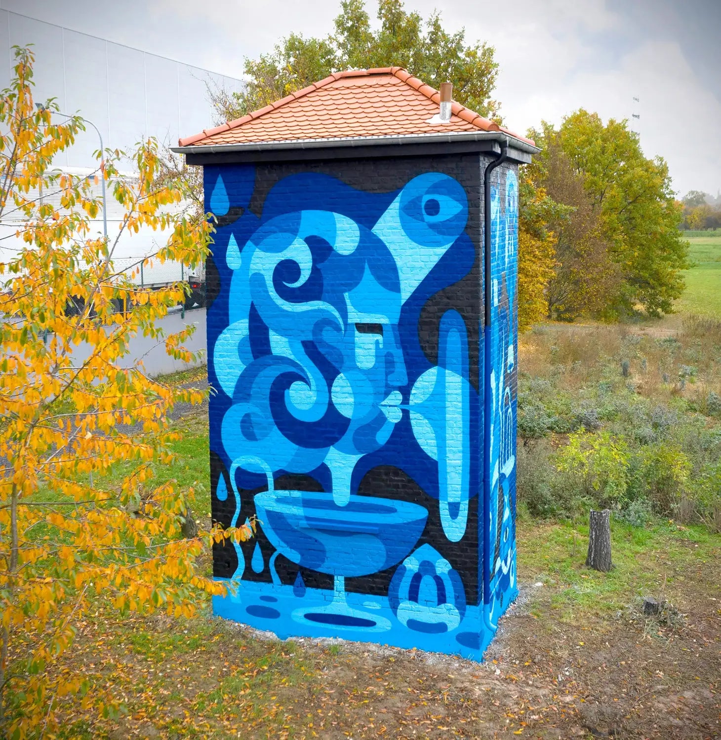 a vibrant abstracted mural of water and a vessel by James Reka
