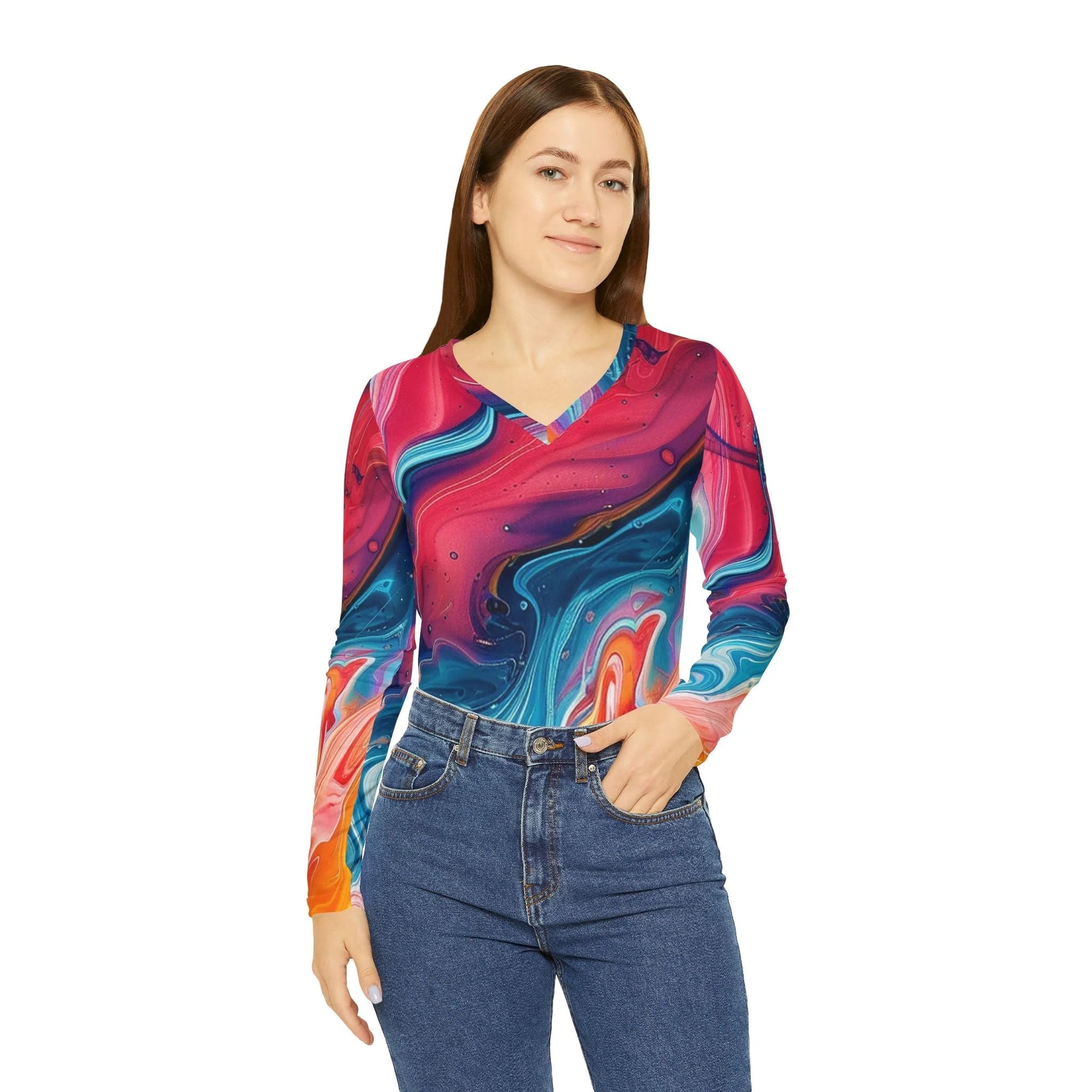 ["All Over Print","AOP","AOP Clothing","Art","Artful","Artistic","Artsy","Arty","Assembled in the USA","Assembled in USA","Illustration","Illustration art","Long Sleeves","Made in the USA","Made in USA","Sublimation","Tops","V-neck","Women's Clothing"]