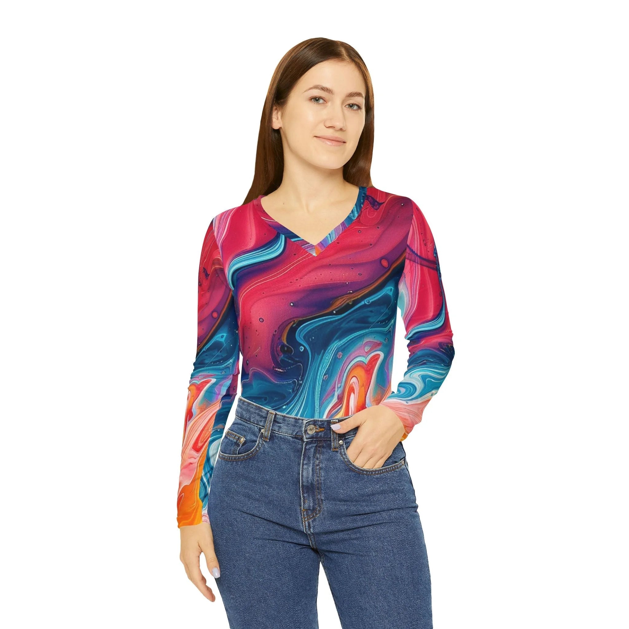 ["All Over Print","AOP","AOP Clothing","Art","Artful","Artistic","Artsy","Arty","Assembled in the USA","Assembled in USA","Illustration","Illustration art","Long Sleeves","Made in the USA","Made in USA","Sublimation","Tops","V-neck","Women's Clothing"]