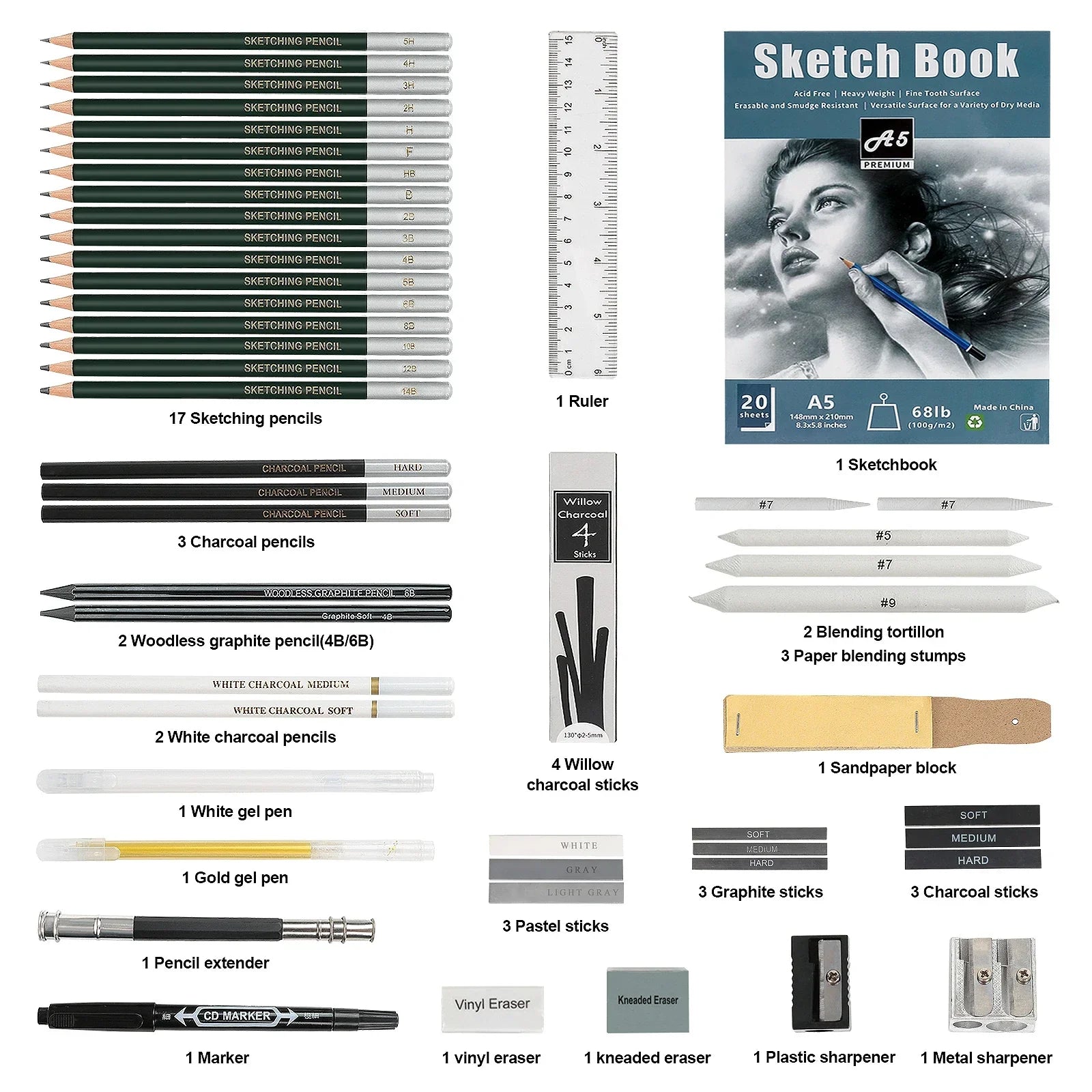 Buy The Best By Artsulli - Art is Long Life Short - 12/20/25/54/70 pcs Drawing Sketching Coloring Set Pencils & Kit Tool Professional