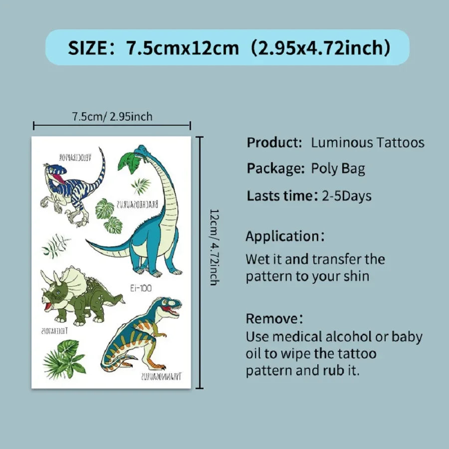 Buy The Best By Artsulli - Art is Long Life Short - 12 Sheets Glow in Dark Dinosaur Tattoos Waterproof Temporary T-Rex Pterosaur Kids Body