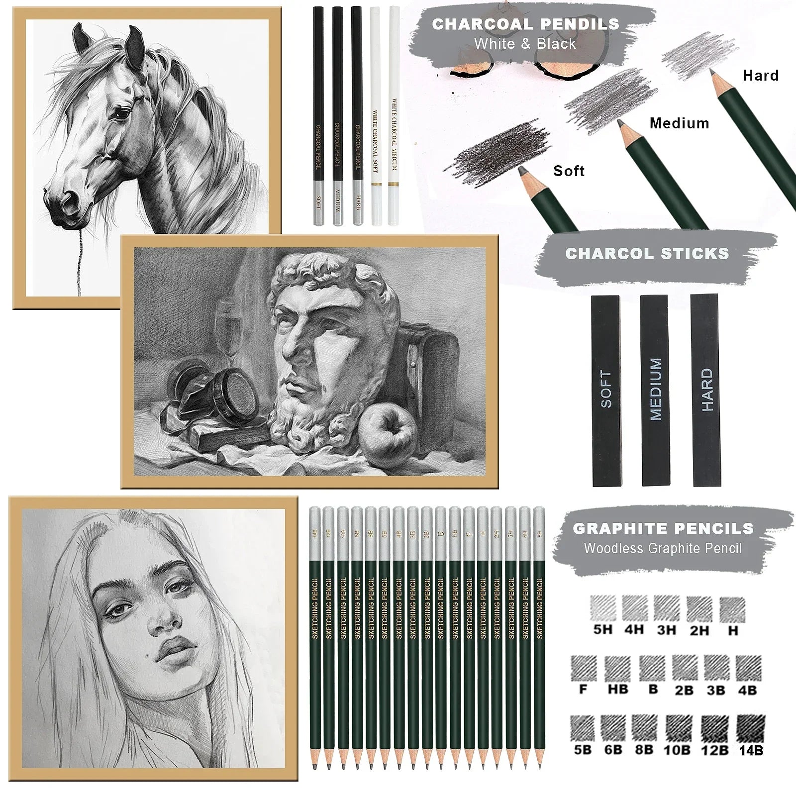 Buy The Best By Artsulli - Art is Long Life Short - 34/42/54/72/76/96 Pcs Drawing Sketching Coloring Set Pencils & Kit Tool Professional
