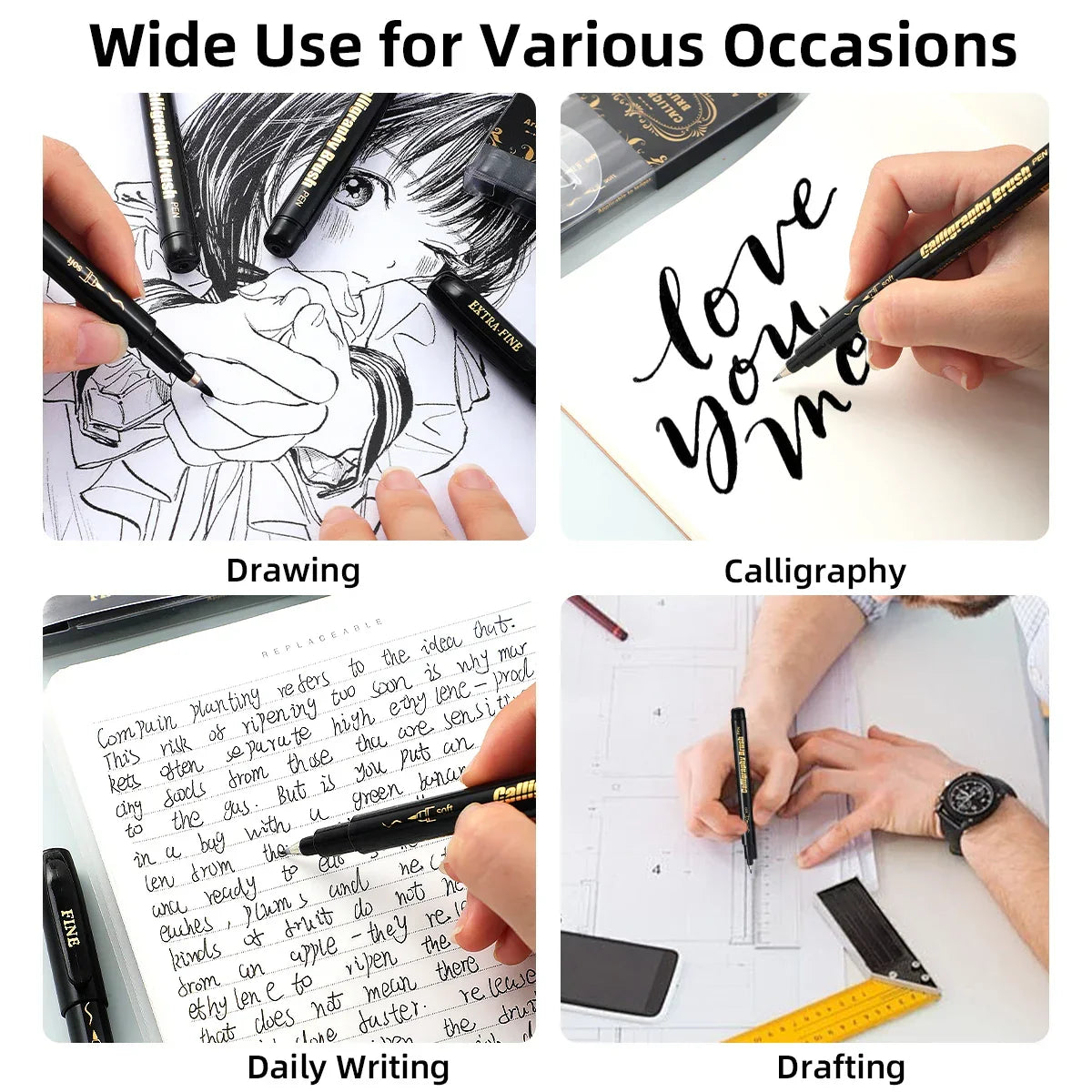 Buy The Best By Artsulli - Art is Long Life Short - 4 Pcs Black Hand Lettering Calligraphy Pen Set Drawing Writing Learning Fine Brush