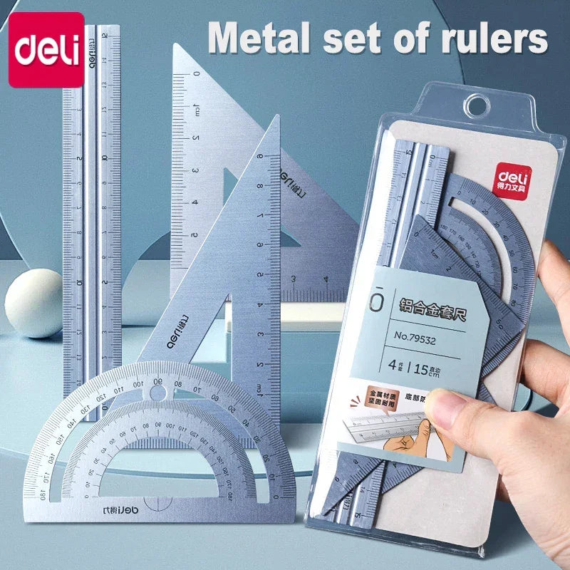 Buy The Best By Artsulli - Art is Long Life Short - Deli Metal Ruler School Drawing Measuring Triangle for Kids Learning Angle Straight Set
