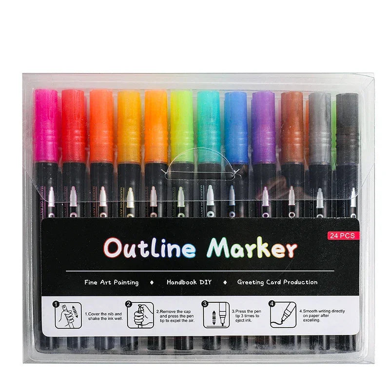 Buy The Best By Artsulli - Art is Long Life Short - Double Line Outline Marker Pens Set Super Squiggles Highlighter Magic Glitter Drawing