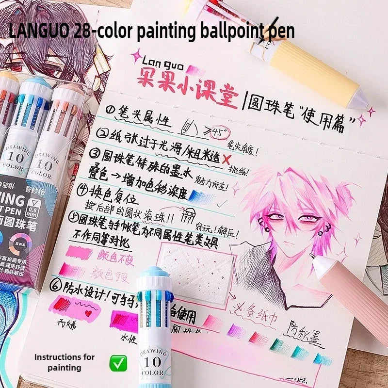 Buy The Best By Artsulli - Art is Long Life Short - LANGUO 28/30 Colors Ballpoint Pen 0.8mm Cartoon Soft Grip Press for Drawing Multicolor