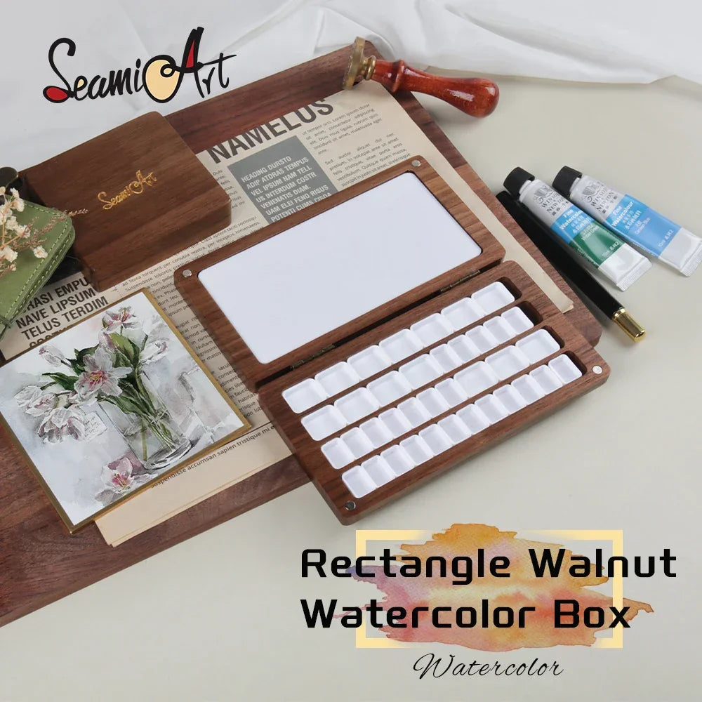 Buy The Best By Artsulli - Art is Long Life Short - SeamiArt 1pc Black Walnut Wood Rectangle Painting Box with Palette Half Pans