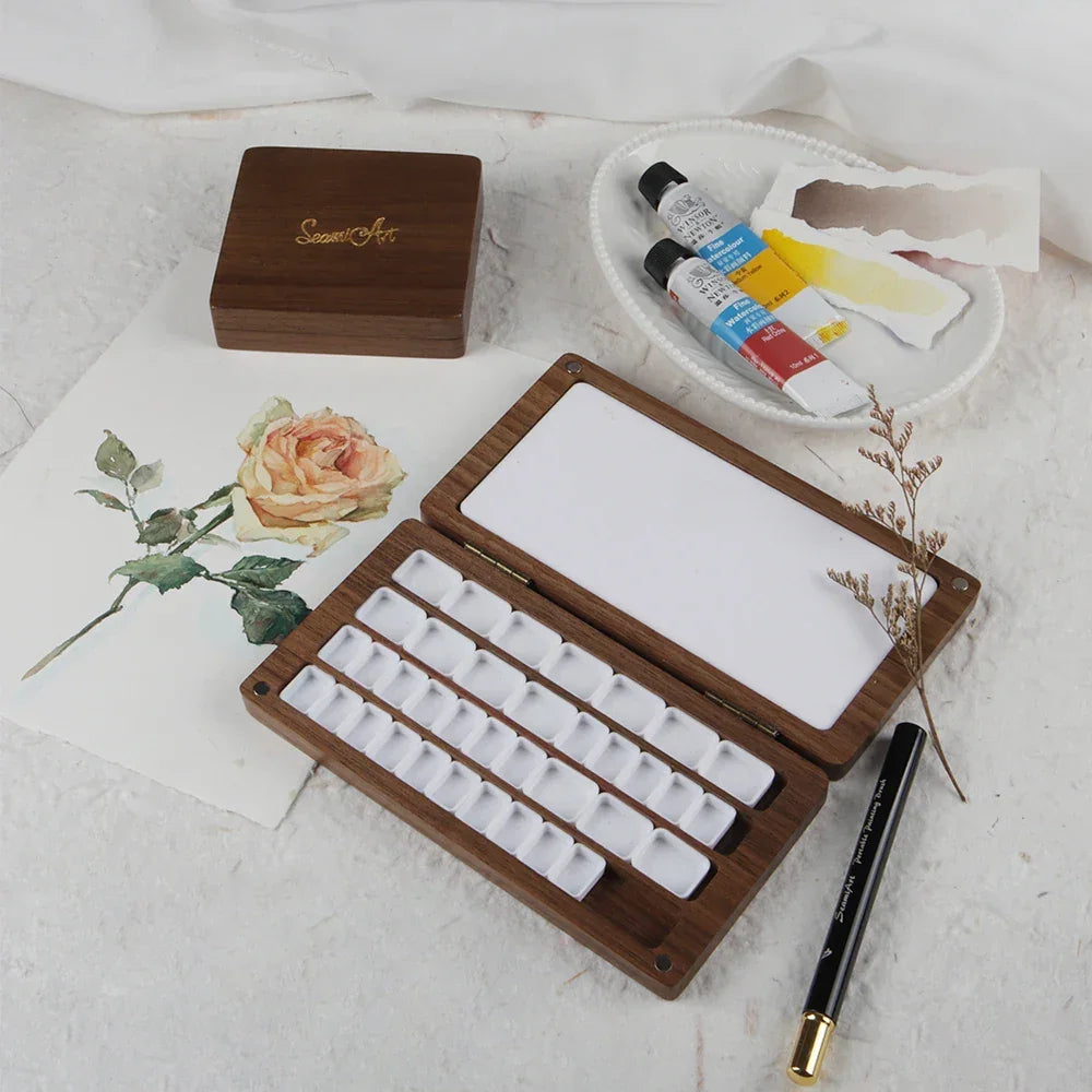 Buy The Best By Artsulli - Art is Long Life Short - SeamiArt 1pc Black Walnut Wood Rectangle Painting Box with Palette Half Pans