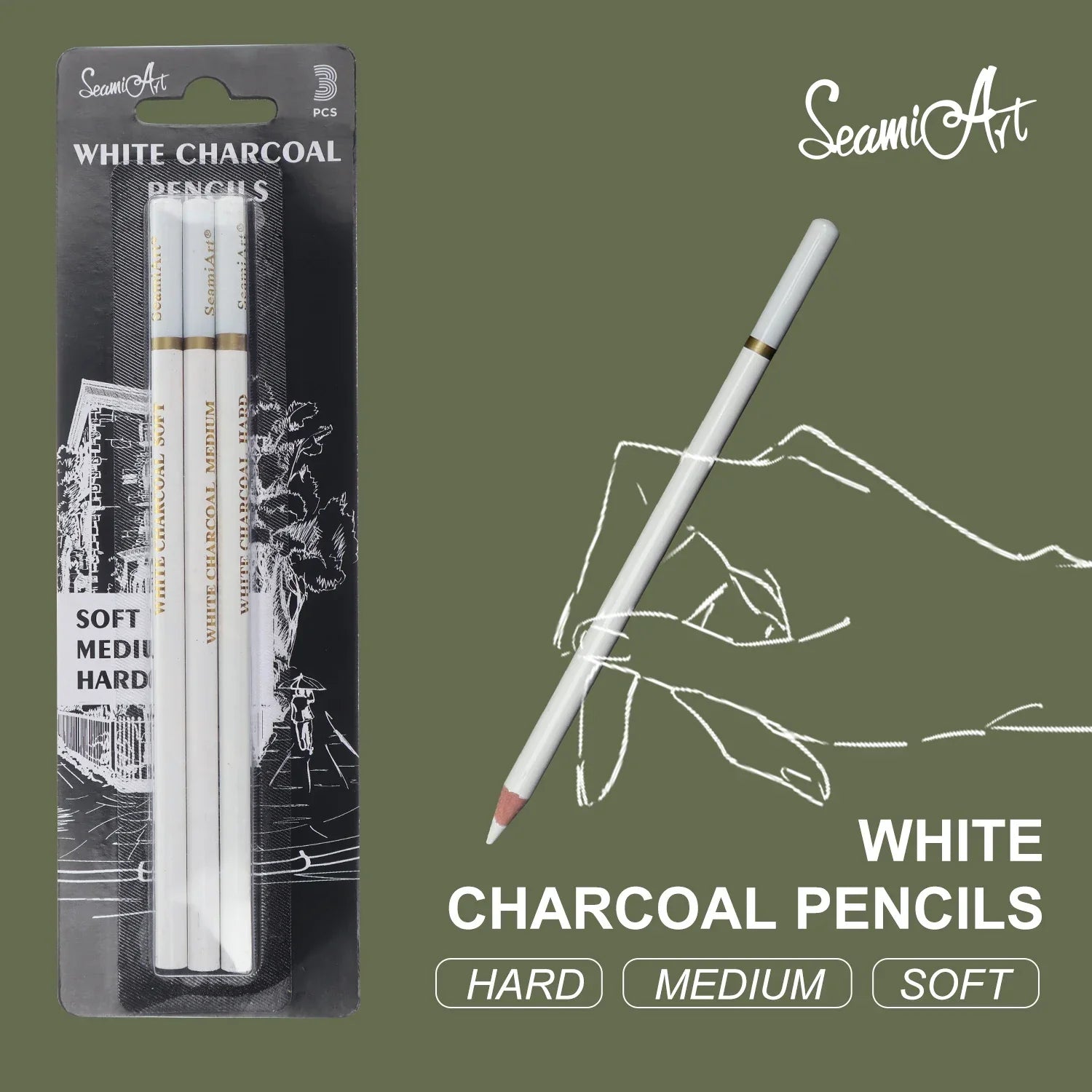 Buy The Best By Artsulli - Art is Long Life Short - SeamiArt 3Pcs White Soft/Medium/Hard Charcoal Pencil for Sketch Carbon Pen Tools Office