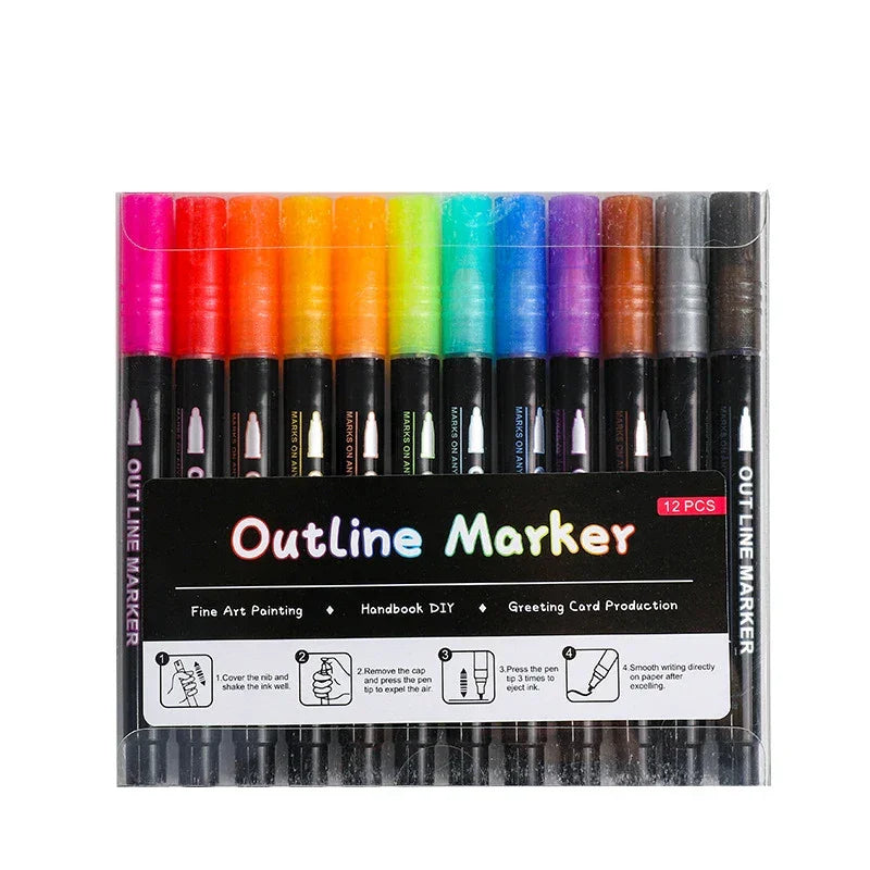 Buy The Best By Artsulli - Art is Long Life Short - Double Line Outline Marker Pens Set Super Squiggles Highlighter Magic Glitter Drawing