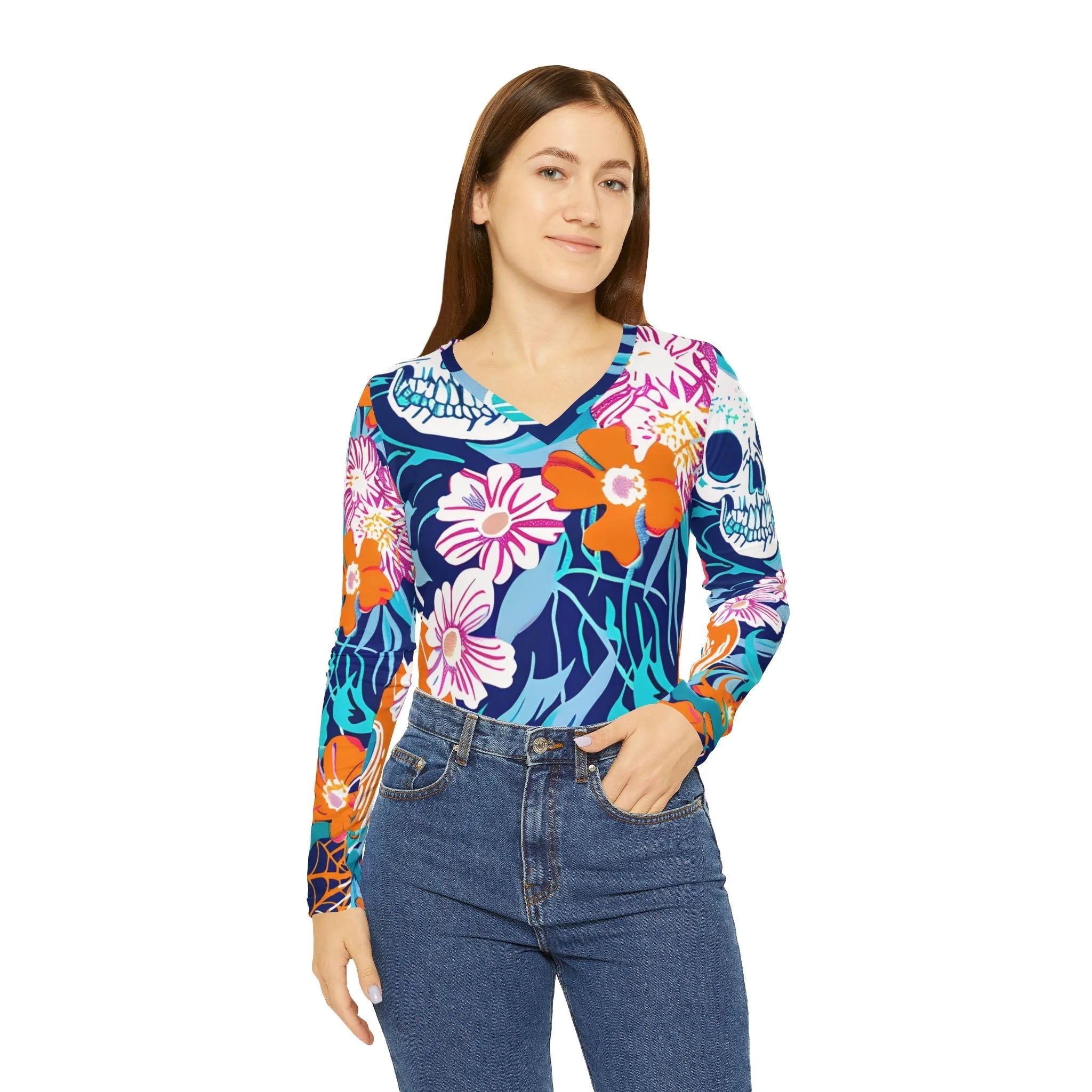 ["All Over Print","AOP","AOP Clothing","Art","Artful","Artistic","Artsy","Arty","Assembled in the USA","Assembled in USA","Illustration","Illustration art","Long Sleeves","Made in the USA","Made in USA","Sublimation","Tops","V-neck","Women's Clothing"]