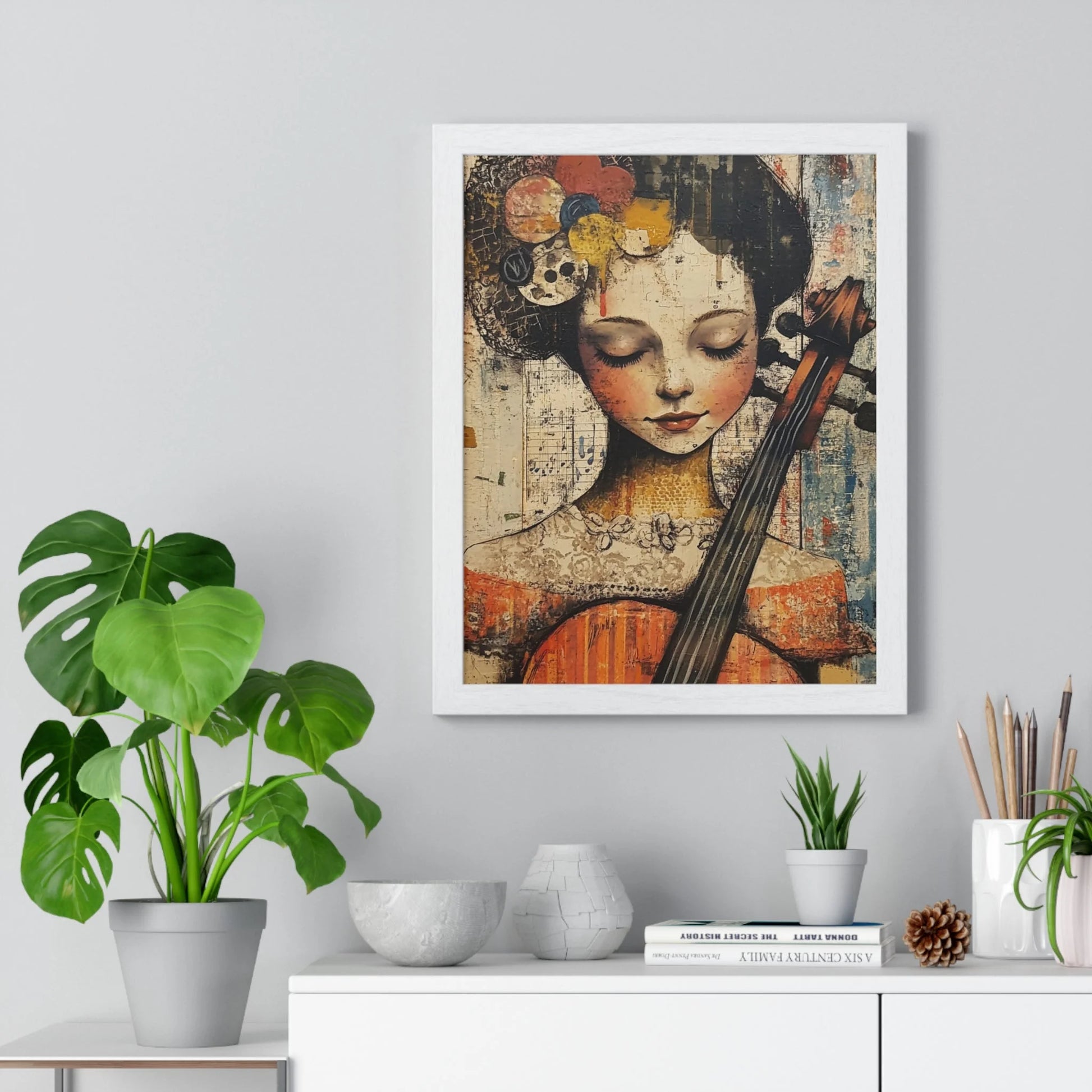 Buy The Best white framed artwork woman cello By Art & Illustration Supplies - Framed Abstract Musician Artistic Work - 2026
