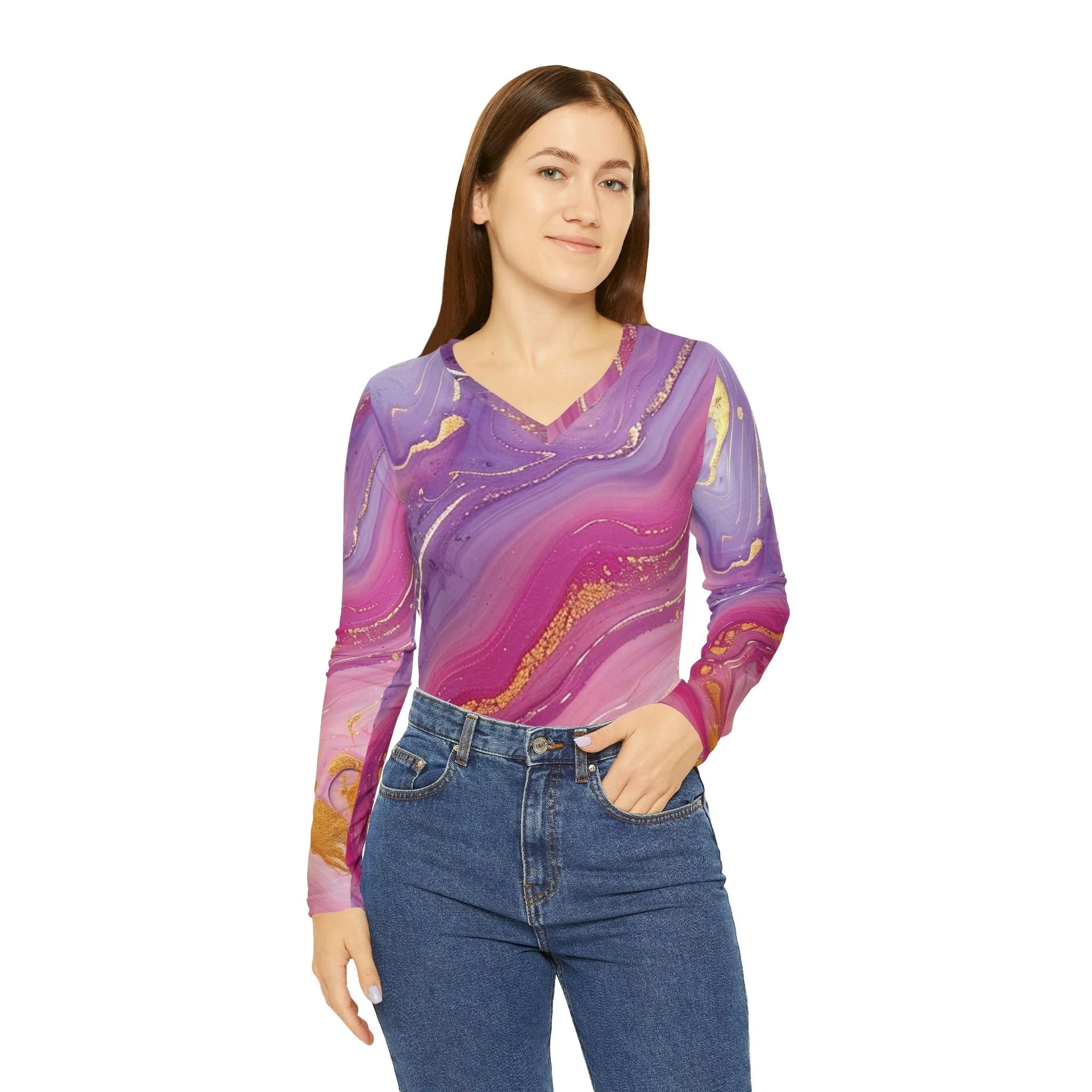 ["All Over Print","AOP","AOP Clothing","Art","Artful","Artistic","Artsy","Arty","Assembled in the USA","Assembled in USA","Illustration","Illustration art","Long Sleeves","Made in the USA","Made in USA","Sublimation","Tops","V-neck","Women's Clothing"]