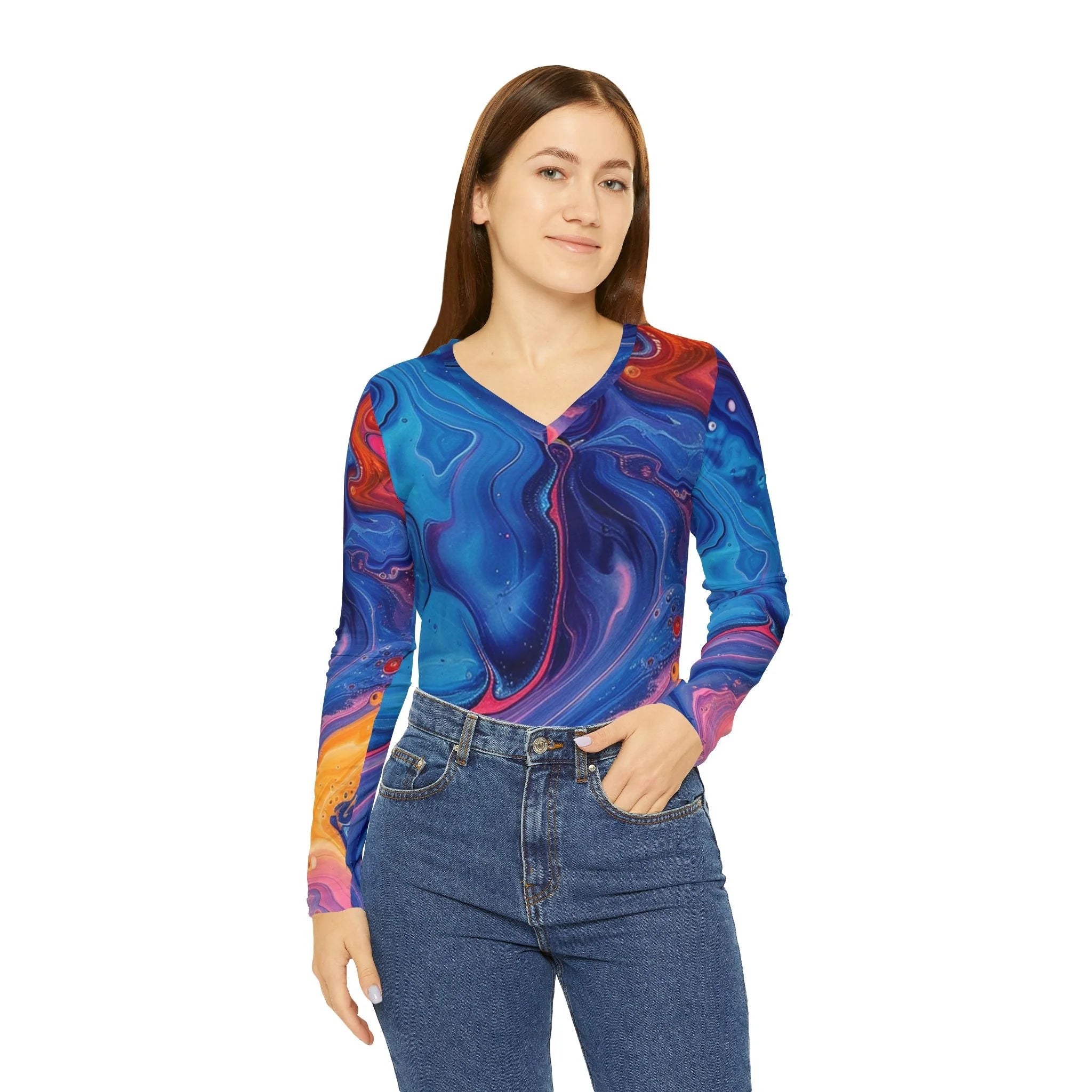 ["All Over Print","AOP","AOP Clothing","Art","Artful","Artistic","Artsy","Arty","Assembled in the USA","Assembled in USA","Illustration","Illustration art","Long Sleeves","Made in the USA","Made in USA","Sublimation","Tops","V-neck","Women's Clothing"]