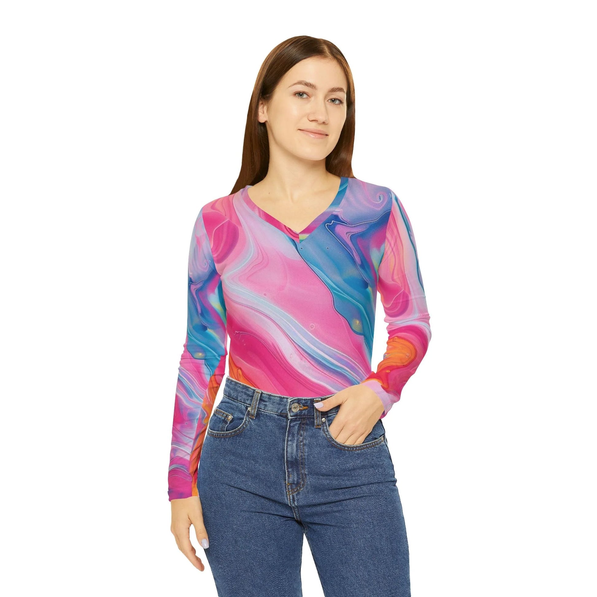 ["All Over Print","AOP","AOP Clothing","Art","Artful","Artistic","Artsy","Arty","Assembled in the USA","Assembled in USA","Illustration","Illustration art","Long Sleeves","Made in the USA","Made in USA","Sublimation","Tops","V-neck","Women's Clothing"]