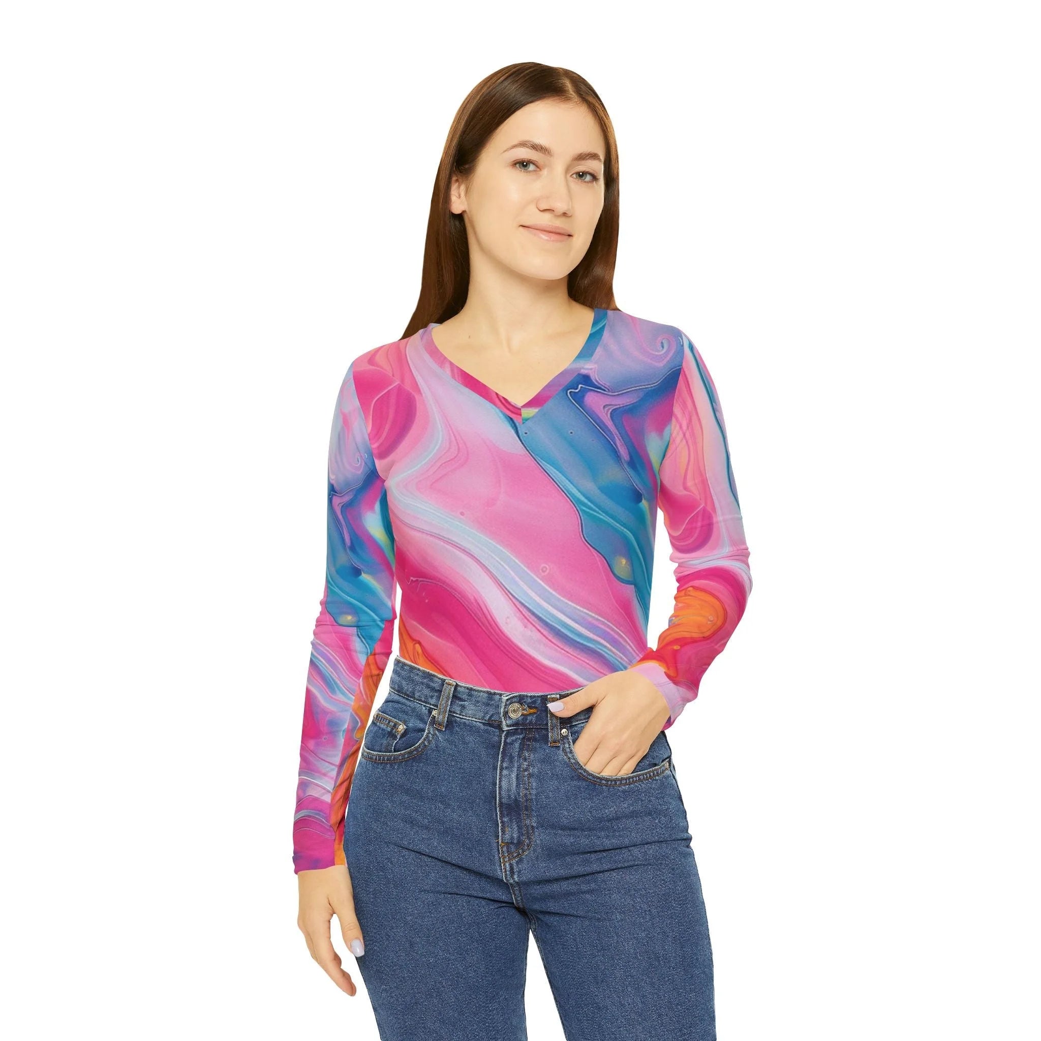 ["All Over Print","AOP","AOP Clothing","Art","Artful","Artistic","Artsy","Arty","Assembled in the USA","Assembled in USA","Illustration","Illustration art","Long Sleeves","Made in the USA","Made in USA","Sublimation","Tops","V-neck","Women's Clothing"]